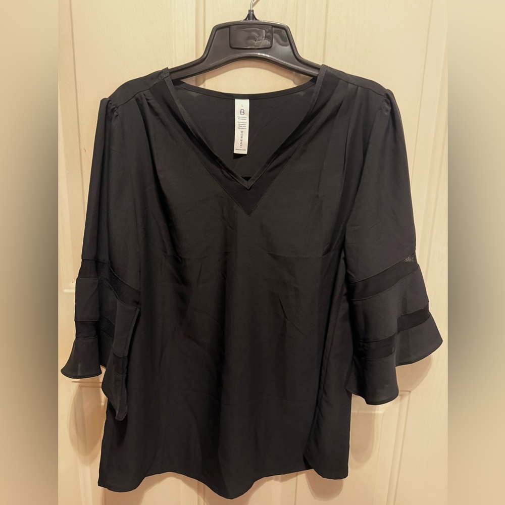 Black V-Neck Ruffle Sleeve Top